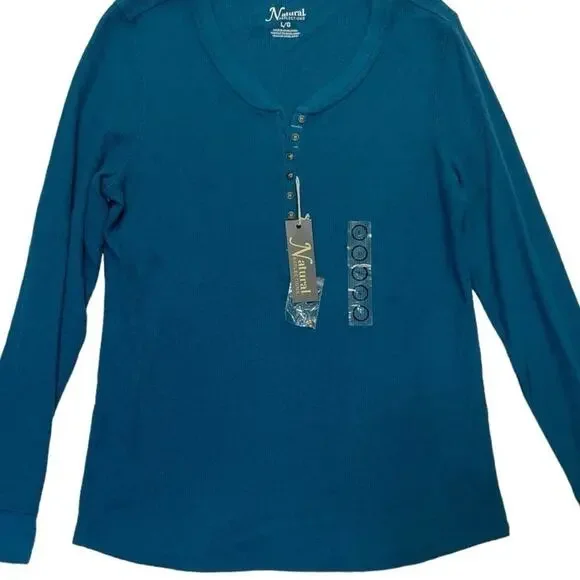 Natural Reflections Thermal Henley Top long sleeve Blue Coral waffle Size Large - Picture 5 of 6